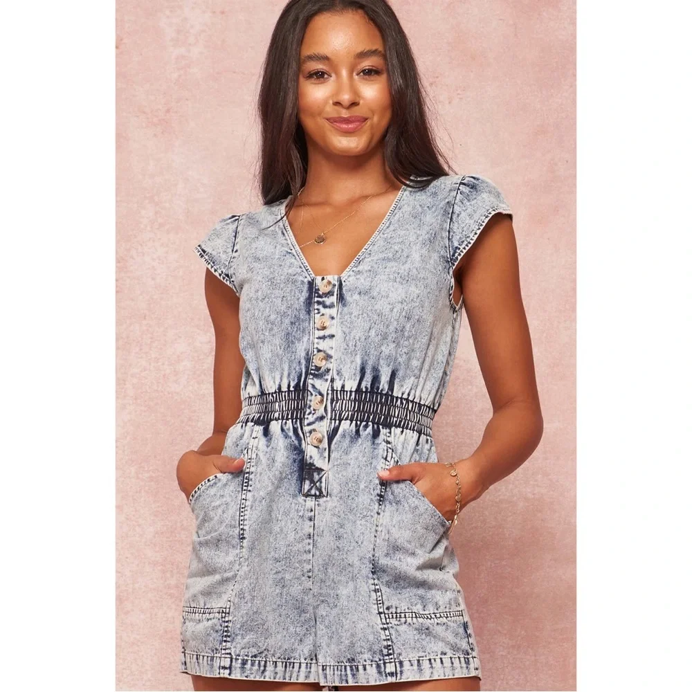 PROMESA Rock This Town Acid-Wash Denim Romper (M) - Picture 1 of 9